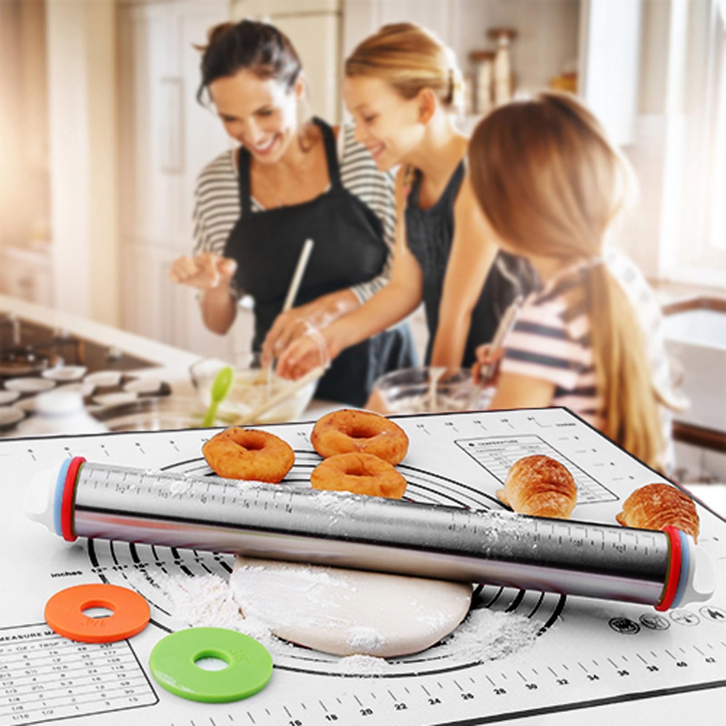 Rolling Pin and Silicone Baking Pastry Mat Set, Smooth Non Stick Stainless Steel Roller, Rolling Pins with Adjustable Thickness Rings for Baking Dough, Pizza, Pie, Pastries, Pasta, Cookies (Black) Black