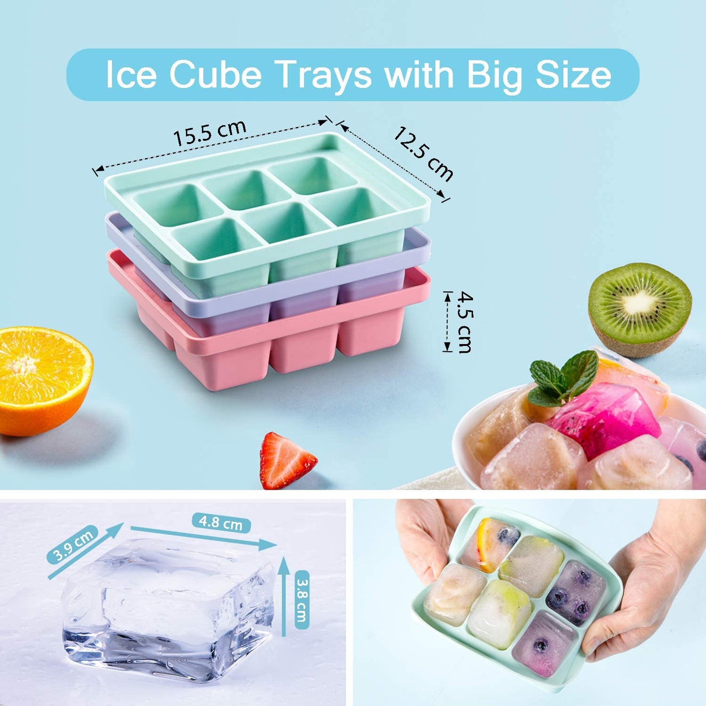 Theuwnee® 3Pcs Ice Cube Tray, Easy-Release Silicone Large Ice Moulds with Removeable Lids, Perfect for Chilled Drinks, Freezer, Baby Food, Whiskey and Cocktail, LFGB Certified and BPA Free Pink