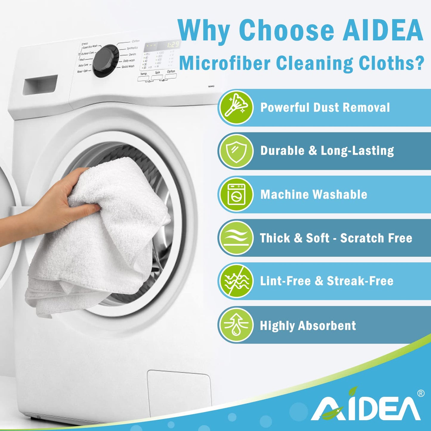 AIDEA Microfibre Cleaning Cloths Pack of 8, Multifunctional Reusable Cleaning Towels, Lint Free Streak Free Washable Cloth Duster for House, Kitchen, Car, Moto, Windows 29 x 29 cm White