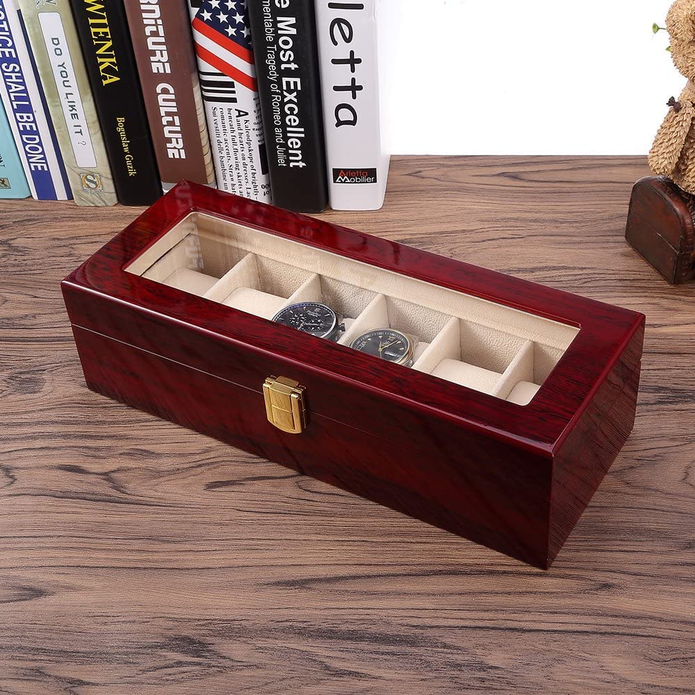 Watch Display Storage Box Jewelry Collection Case Organiser Holder for Men Wooden Cherry Red 6 Slots