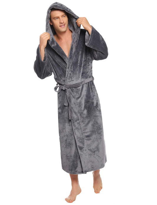 Vlazom Men Dressing Gown, Hooded Warm Robes Flannel Soft Bathrobe Fluffy Housecoat for Winter Dark Grey 3XL