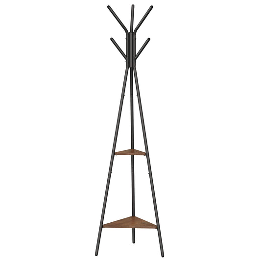 VASAGLE Rack Stand, Coat Tree, Hall Tree Free Standing, Industrial Style, with 2 Shelves, for Clothes, Hat, Bag, Hazelnut Brown and Black RCR016B01 Hazelnut Brown + Black