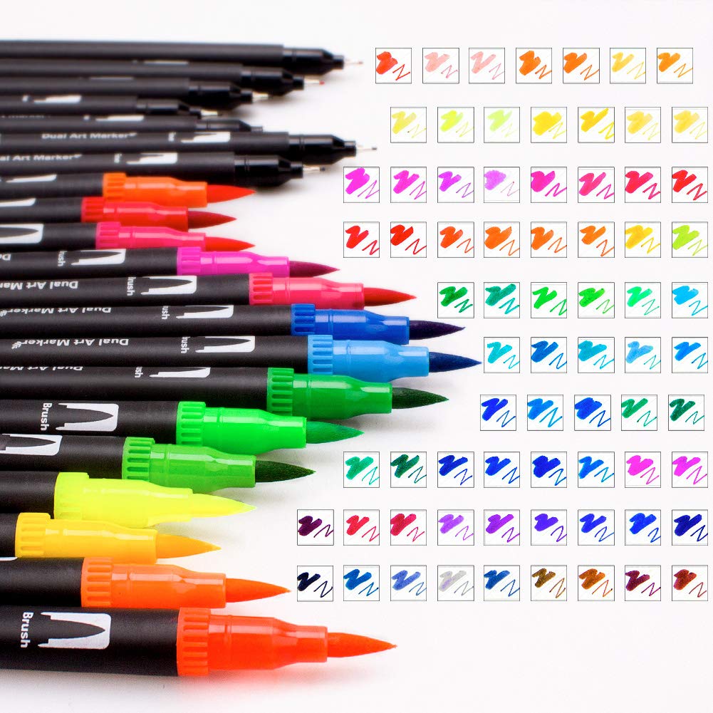 72 Colours Dual Tip Brush Pens Felt Tip Pens Colouring Pens for Adults and Kids Painting Colouring Sketching Drwaing 72