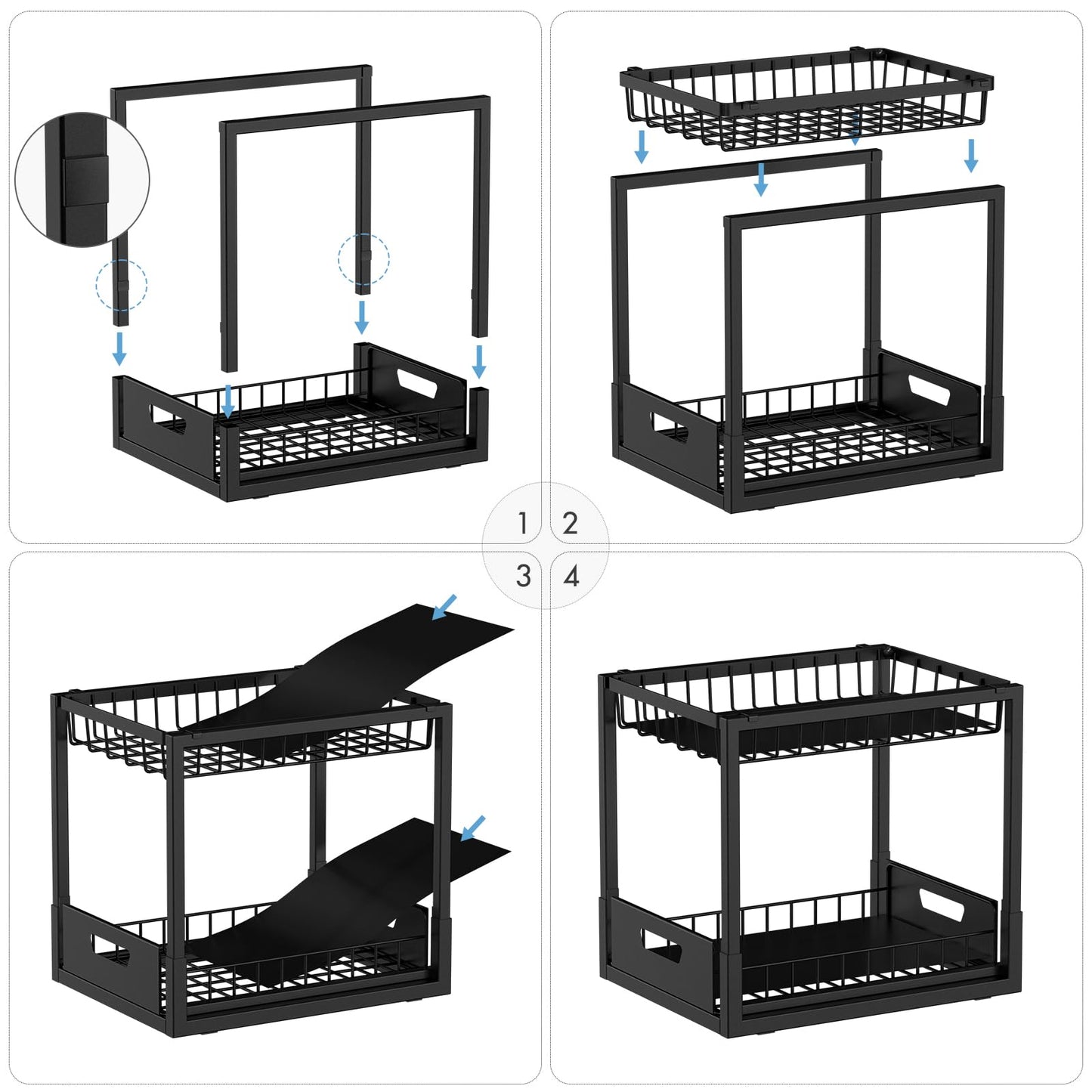 Avaspot Metal Under Sink Storage, 2 Tier Under Sink Organiser Comes with 4 Non-Slip Pads and Slide Out Drawer, 2 Plastic Liners for Small Items for Kitchen/Bathroom Black