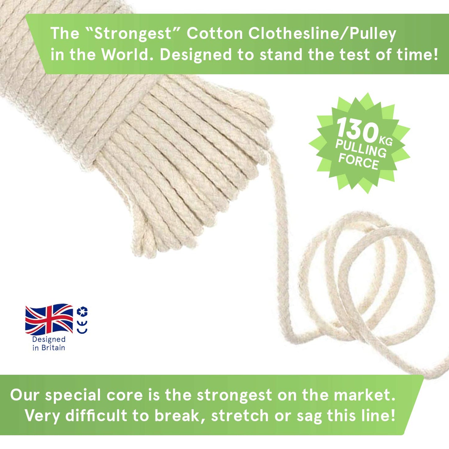 “The Strongest” Natural Cotton Clothesline Pulley by Smith’s® | 10m/33ft X 5.5mm | Soft Braided 130kgs Pulling Force Rope | Snag & Tear Resistant | 1 Year Guarantee! 10m (33ft)