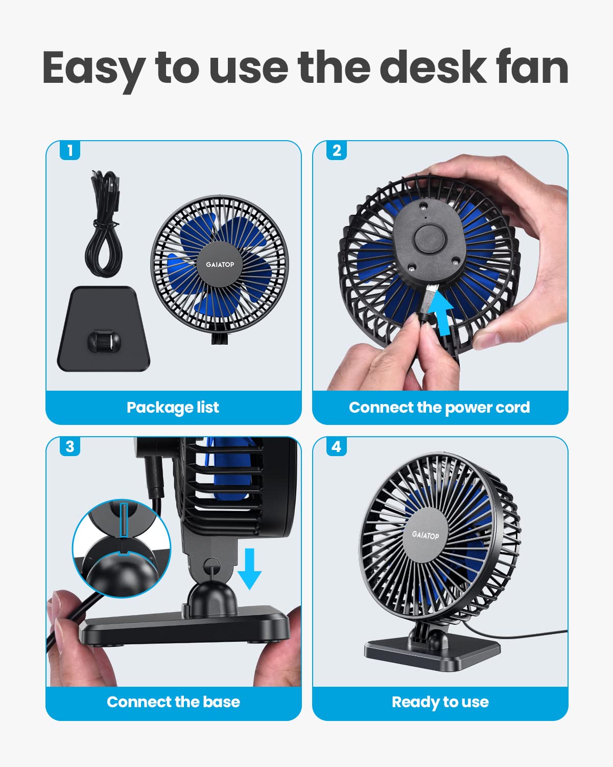 gaiatop USB Desk Fan, Small But Powerful, Portable Quiet 3 Speeds Wind Desktop Personal Fan, Adjustment Mini Fan for Better Cooling, Home Office Car Indoor Outdoor Blue