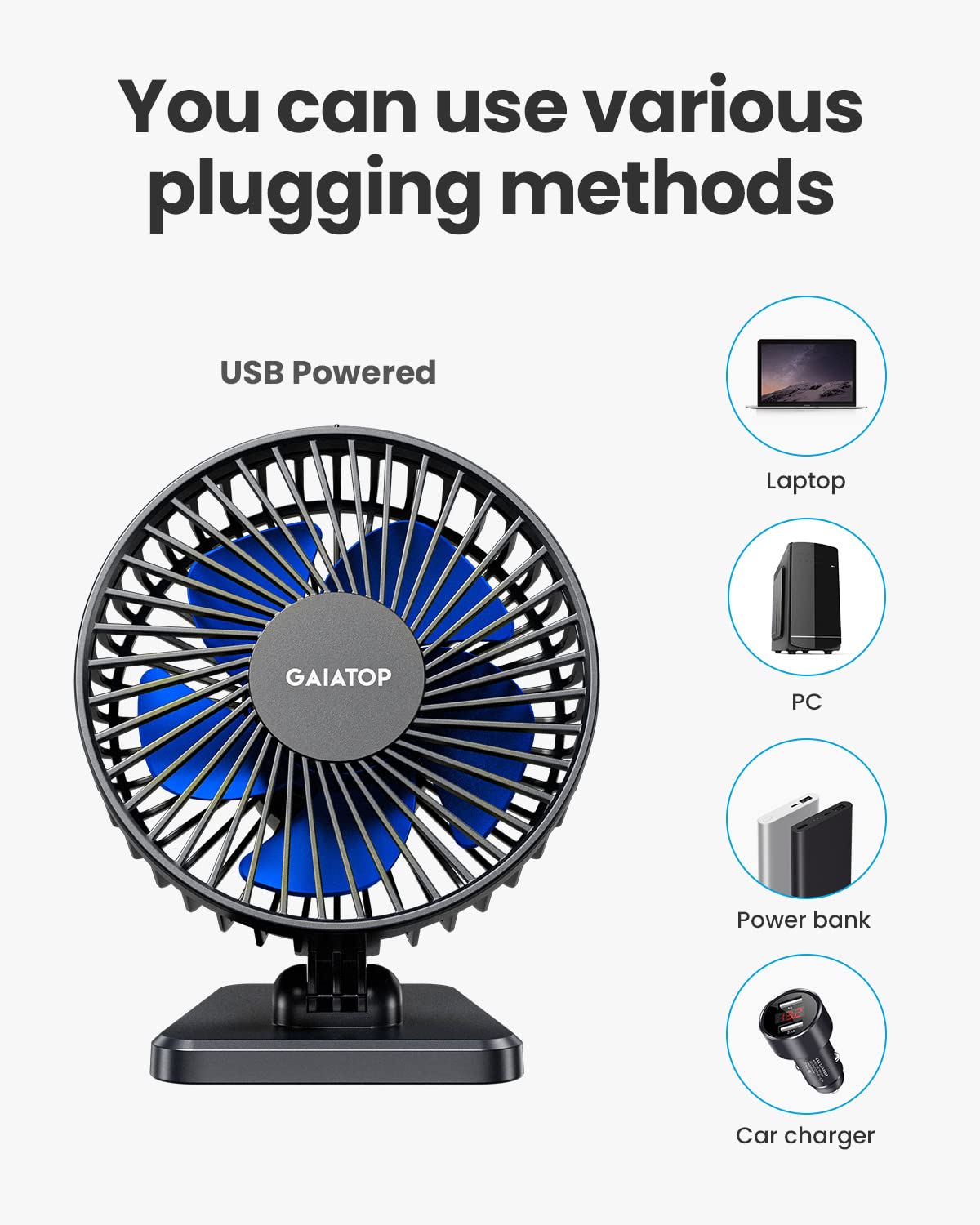 gaiatop USB Desk Fan, Small But Powerful, Portable Quiet 3 Speeds Wind Desktop Personal Fan, Adjustment Mini Fan for Better Cooling, Home Office Car Indoor Outdoor Blue