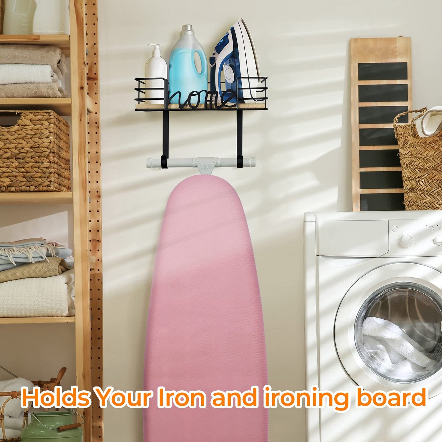 TJ.MOREE Ironing Board Hanger Wall Mount - Laundry Room Iron and Ironing Board Holder with Large Storage Wooden Base Basket and Removable Hooks (Black) Carbonized Black