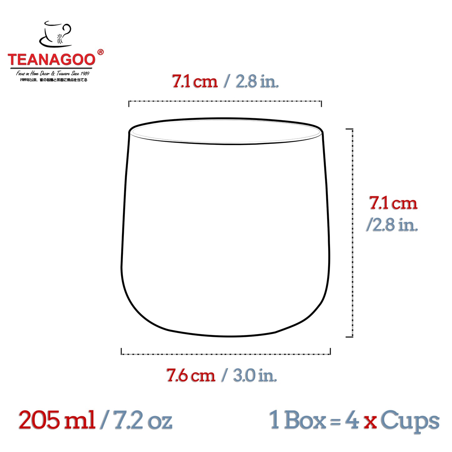 TEANAGOO Ceramic Japanese Tea Cup, 7.2Oz / 205 ml, Charcoal Grey, H17, 4 Pcs/Box, Occupied Japan Tea Cups, Chinese Tea Cup, Asian Tea Cups, Asian Tea Cups no Handles, Korean Tea Cup 7.2Oz / 205 ml x 4