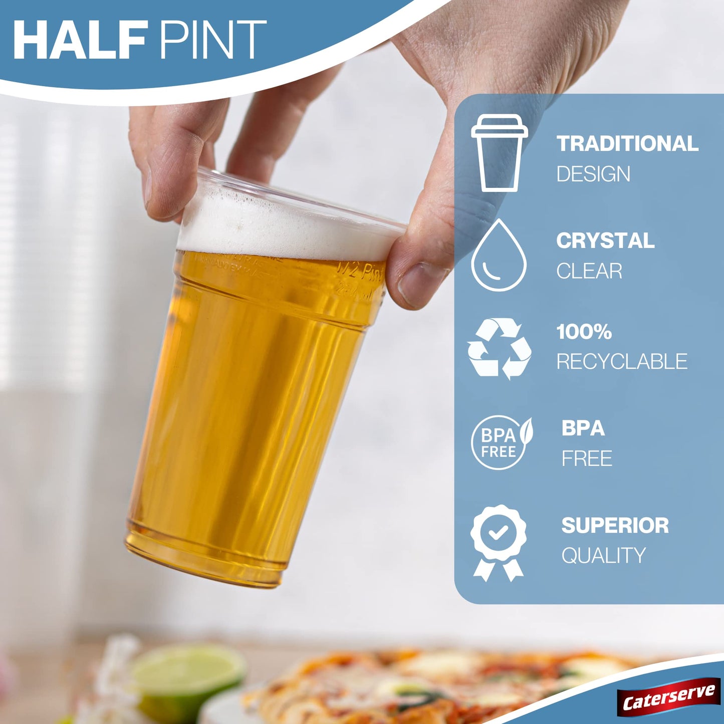 Caterserve 100 Large Plastic Glasses - Beer Cups Made from Clear PP Half Pint to line Half Pint 100Pcs