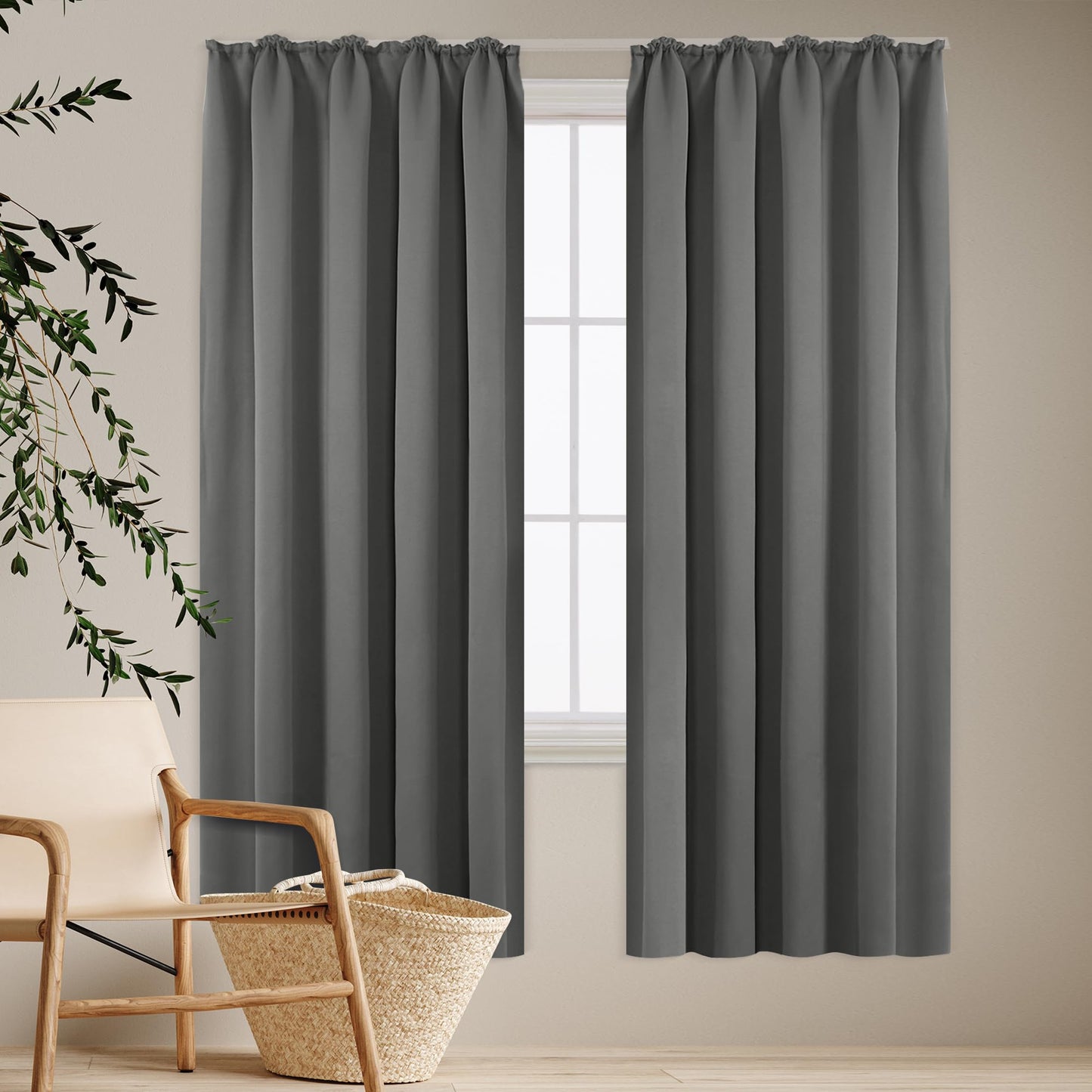 Deconovo Grey Curtains Pencil Pleat, Thermal Insulated Energy Saving Blackout Curtains for Bedroom, 66 x 54 Inch, Light Grey, 2 Panels W66 x L54