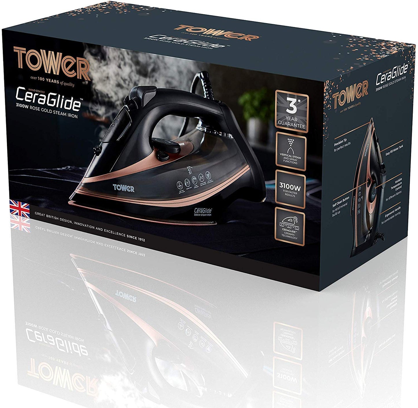 Tower T22013 CeraGlide Steam Iron, Ceramic Sole Plate, 3100 W, Rose Gold and Black.