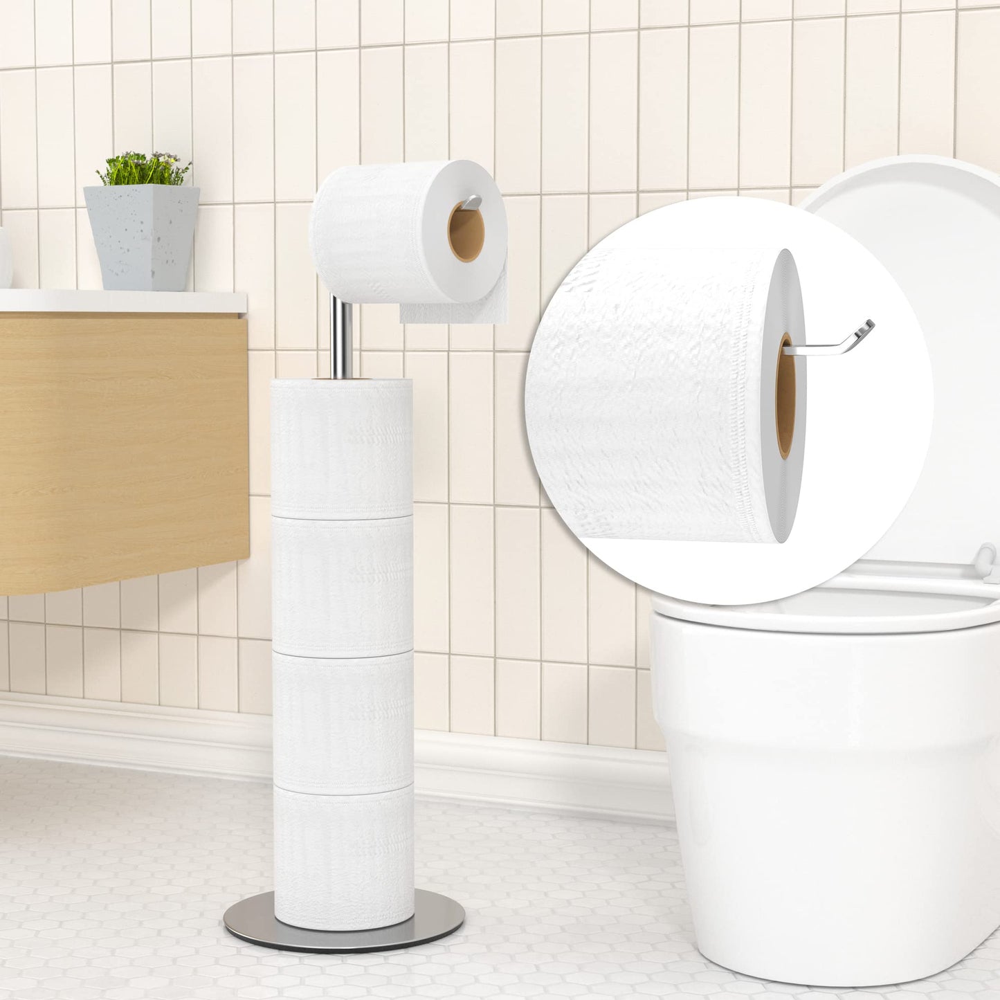 Free-standing Toilet Roll Holder with Heavy Base, Stainless Steel Toilet Roll Holder Stand with Drawing Finish, Simple and Practical Toilet Roll Storage Dispenser Silver