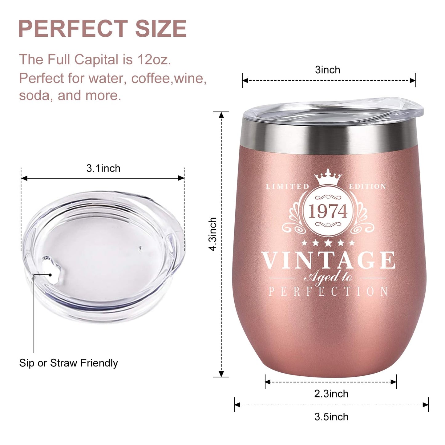 1974-50th Birthday Gifts for Women, 12oz Stainless Steel Wine Tumbler, Reusable Travel Mug Double Wall Vacuum Cup with Lid, Ideas Gifts for Her, Mom, Dad, Wife, Husband, Rose Gold 50th 1974 Vintage - Rose Gold