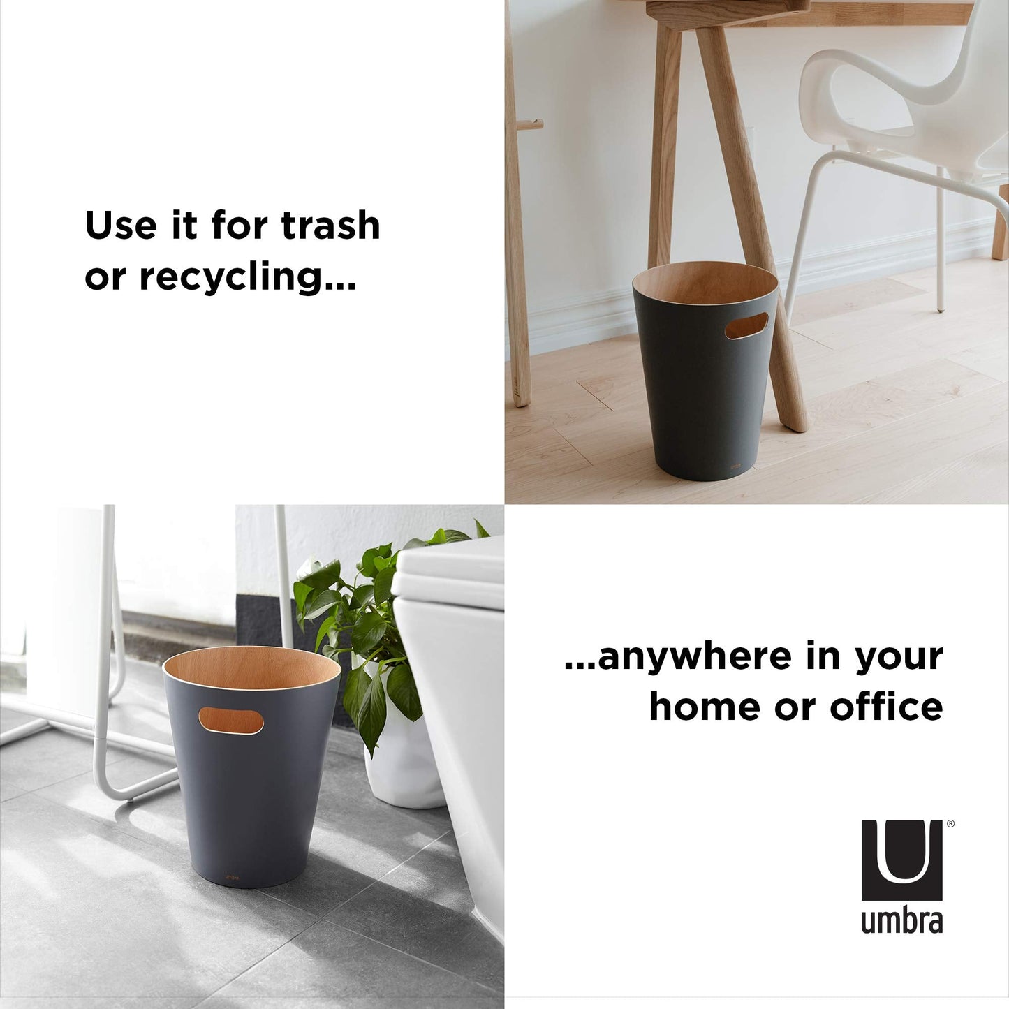 Umbra Woodrow 2 Gallon Modern Wooden Trash Can, Wastebasket, Garbage Can or Recycling Bin for Home or Office, Natural/Charcoal