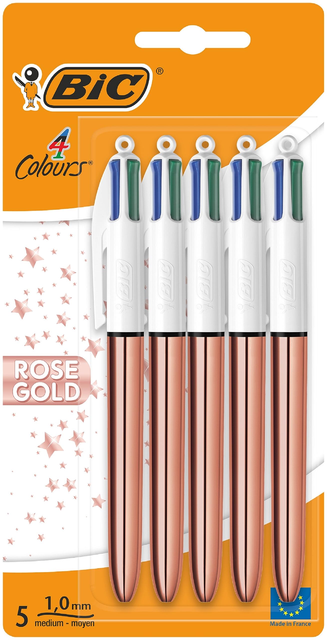 BIC 4 Colours Rose Gold Pen, Multi Coloured Pens All In One, Retractable Ballpoint Pen, Medium 1.0mm, Green, Blue, Red, Black, 5 Pens Per Pack, 1 Pack 5 Count (Pack of 1)