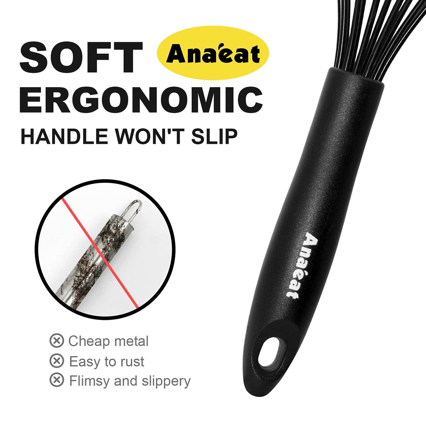 Anaeat Silicone Balloon Whisk, Perfect for Non-Stick Cookware, Milk and Egg Beater Blender, Heat Resistant Kitchen Whisks for Whisking, Cooking, Baking, Beating, Frothing & Stirring (Black) Black (23cm+26cm+31cm)