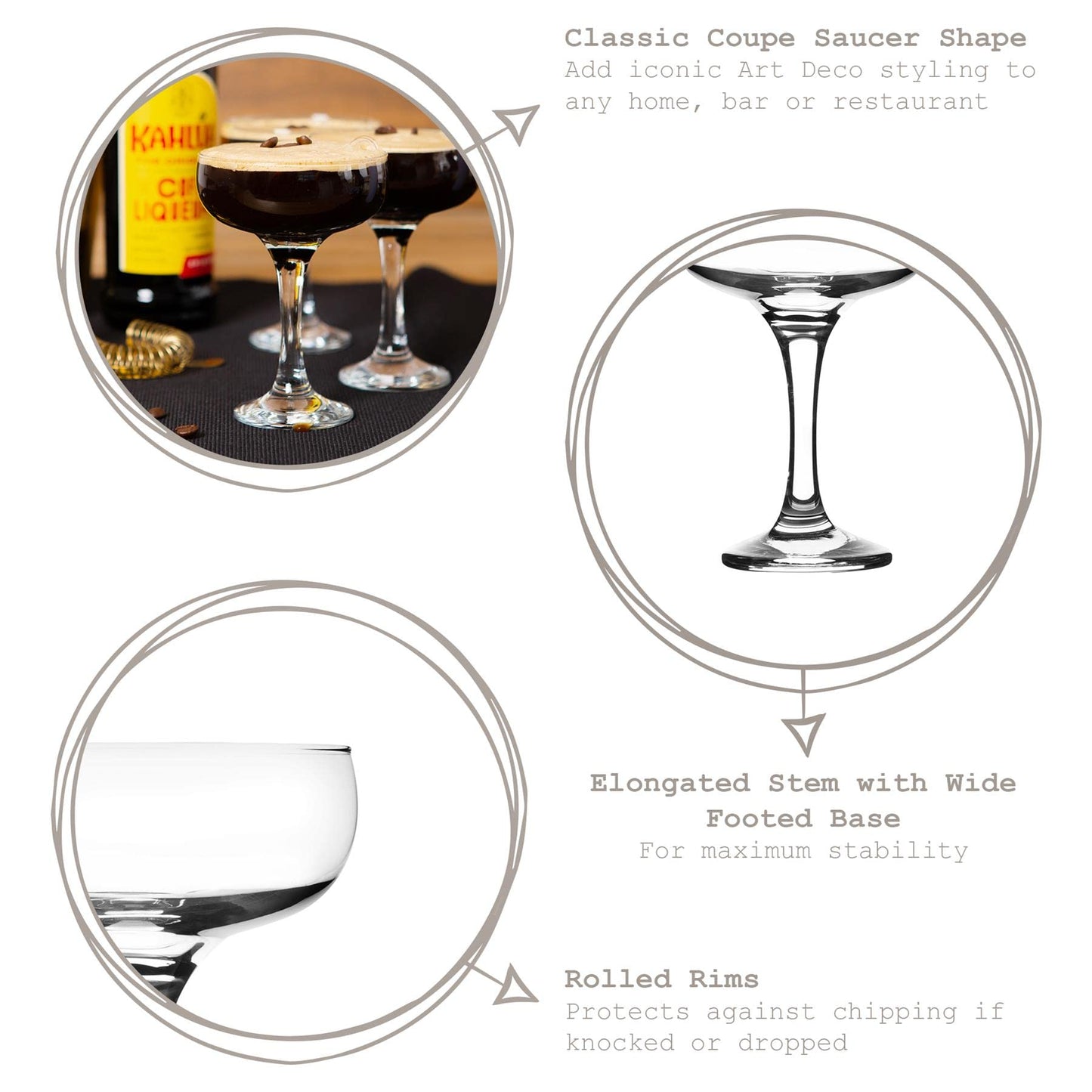 Rink Drink 6X 235ml Espresso Martini Glasses - Vintage Classic 20s Gatsby Art Deco Coupe Party Glass Saucers Champagne Babycham Drinking Glasses - Dishwasher Safe