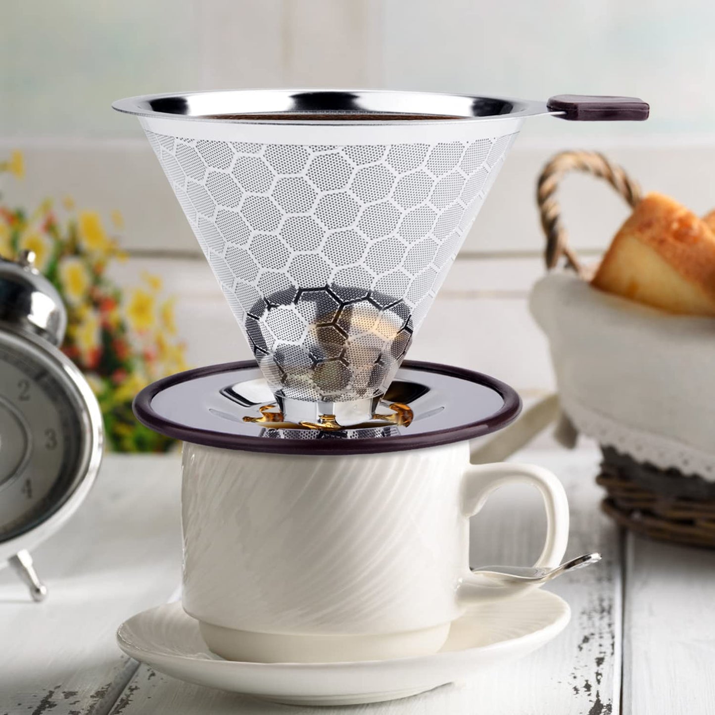 FOXAS Pour Over Coffee Filter Stainless Steel Reusable Coffee Dripper Paperless Drip Cup Coffee Maker Stainless Steel Coffee Filter