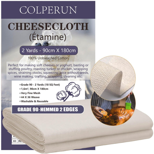 Colperun Cheesecloth, Grade 90, 90x180cm, 100% Unbleached Cotton Cheese Cloths for Straining Reusable Filter Fabric Gauze Muslin Cloths for Cooking, Butter, Liquids, Jam, Halloween Decor - 2 Yards 2Yards(90X180cm)