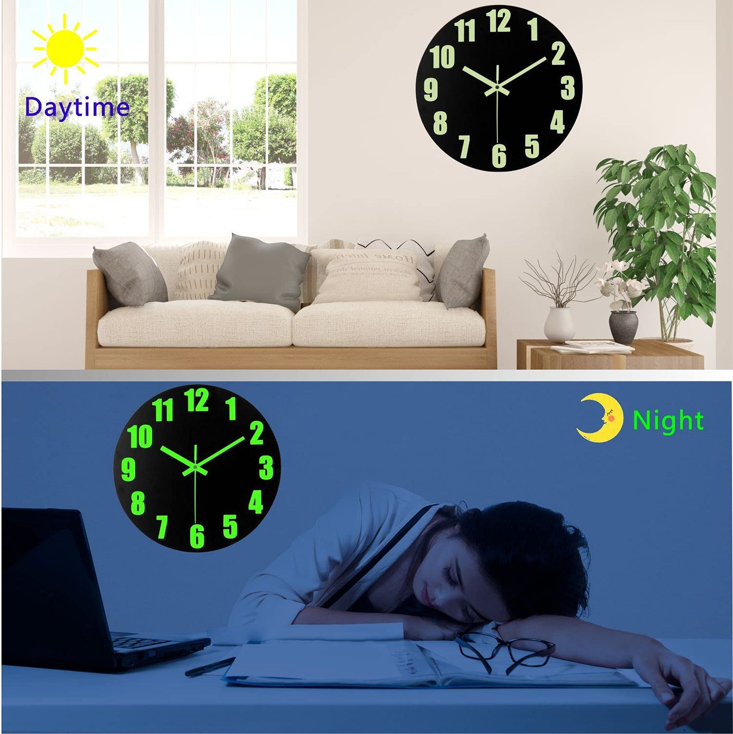 DIYZON Luminous Wall Clock, 16'' Wooden Wall Clocks with Silent Movement and Glowing up Function, No Glass Village Wall Clock Decorative Bedroom, Kitchen, Office, Battery Operated Black 16 Inch