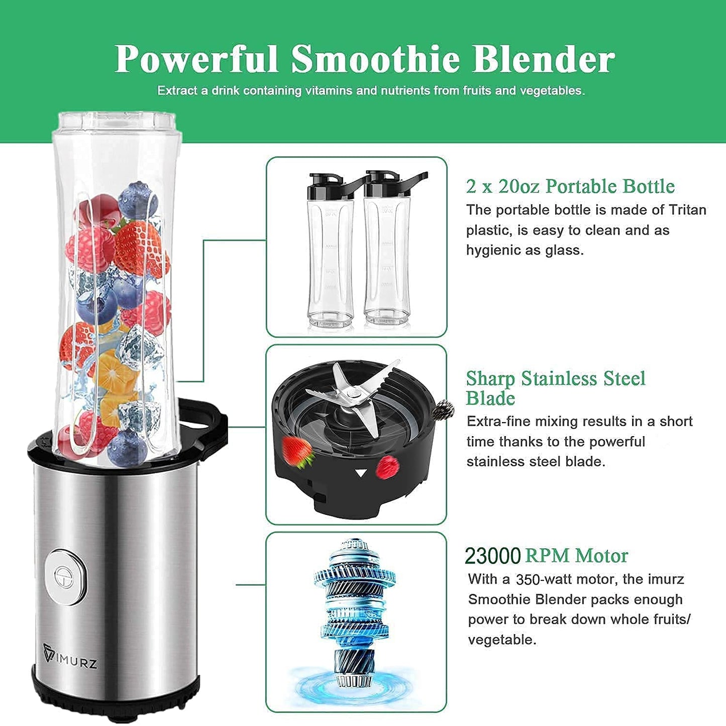 Portable Blender & Smoothie Maker Personal Mini Blender Electric Mixer with 2x600ml Blending Bottles for Smoothie,Milkshake, Fruit and Vegetable Drinks, Ice,350W