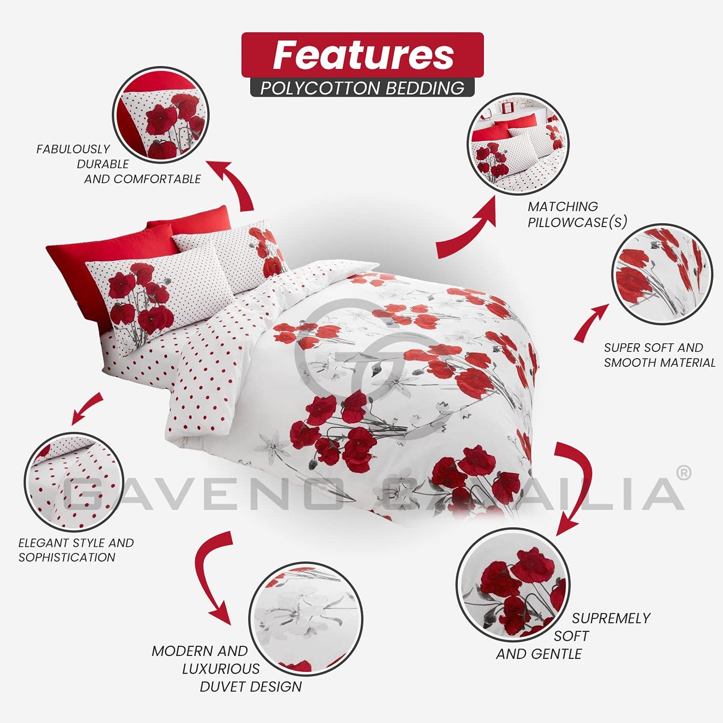 GC GAVENO CAVAILIA Easy Care Blossom Bedding Double Bed Set, Washable Botanical Duvet Cover Sets, Breathable Quilt Covers, Red