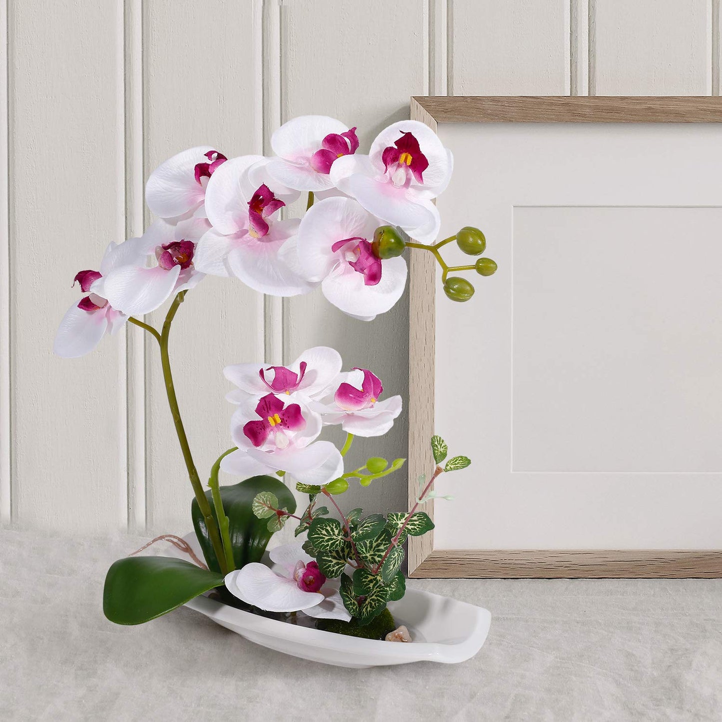 RENATUHOM Artificial Orchid Flower White Orchid Fake Flowers Mothers Day Orchid Silk Flower Arrangements Purple Flowers with Porcelain Vase Bonsai Decoration White Purple Orchid