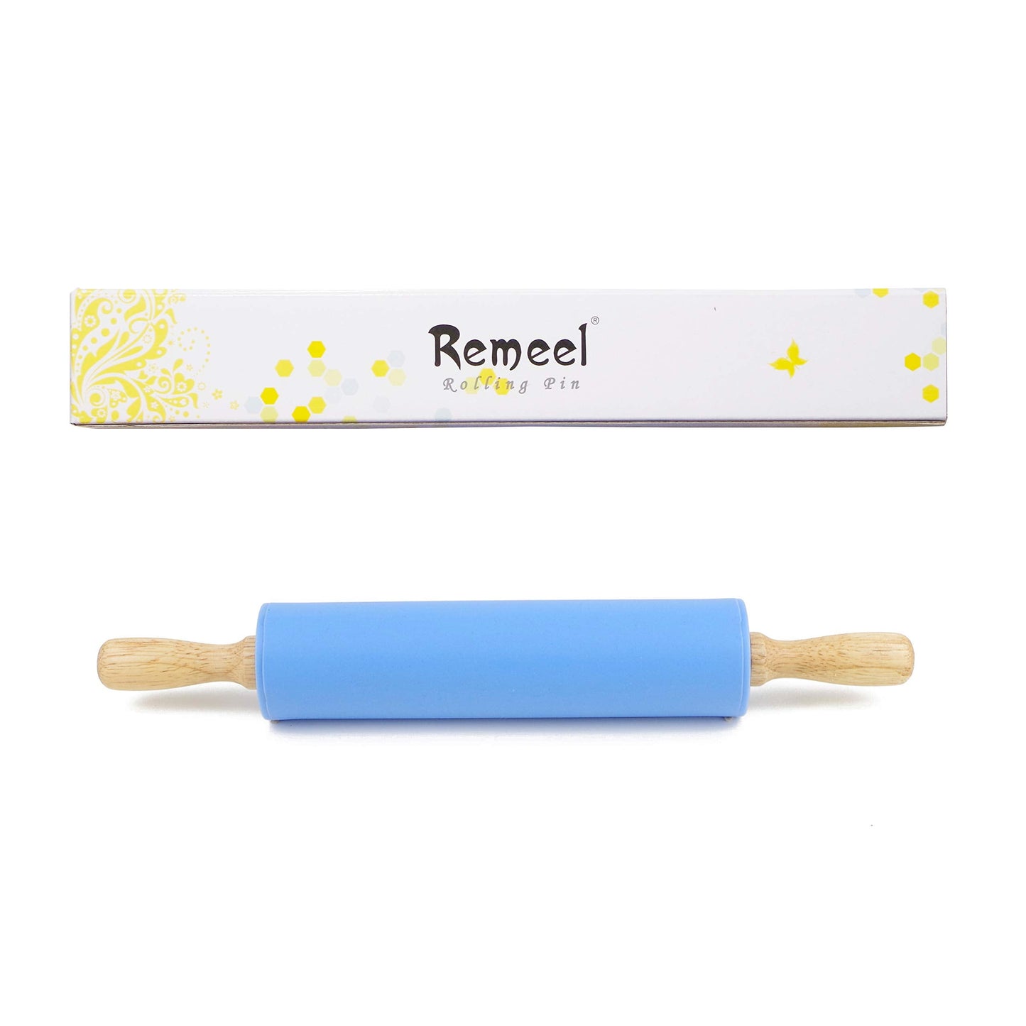 Remeel Silicone Rolling Pin Non-Stick Surface Wooden Handle (Blue, 12 inch) Blue