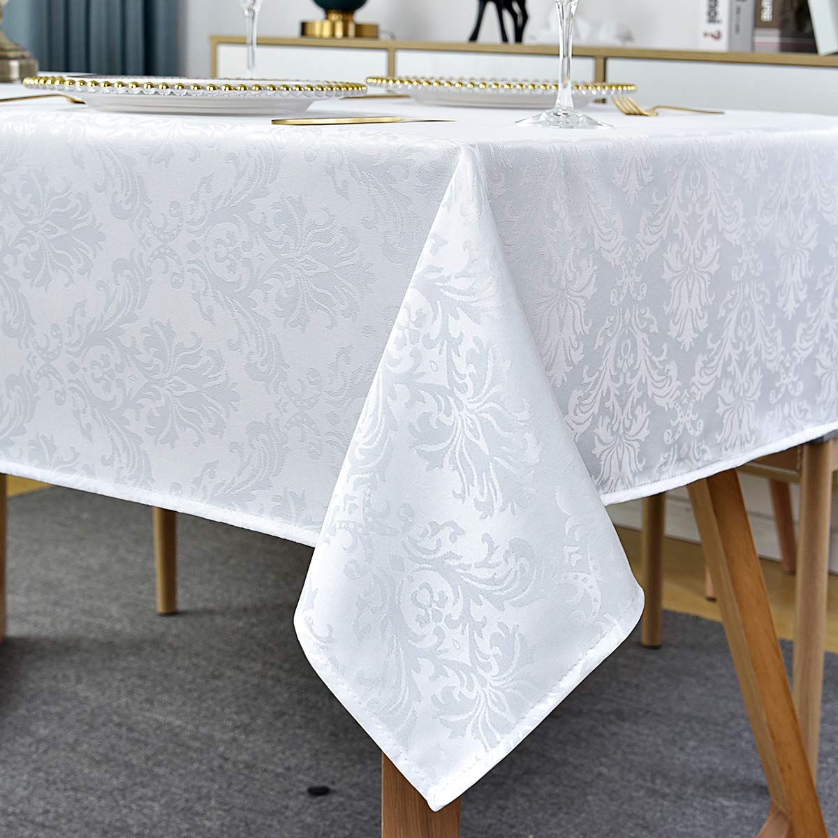 Rectangle Tablecloth -152 x 305CM White Damask Table Cloth Jacquard Design Spill Proof Wrinkle Resistant Waterproof Soft Polyester Oblong Table Cover for Kitchen Parties Tabletop White Damask Design Rectangle/Oblong,150x 305cm(10-12 Seats)