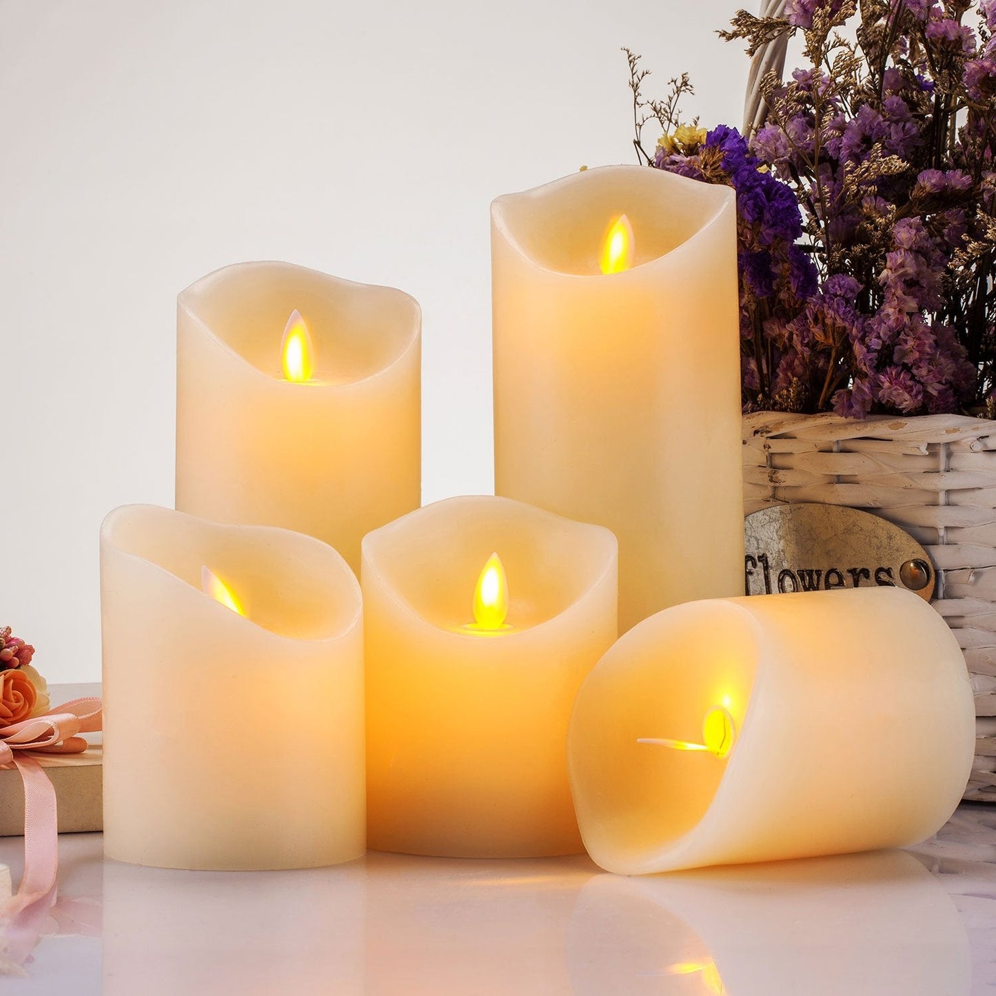 Aku Tonpa Flameless Candles Battery Operated Pillar Real Wax Flickering Moving Wick Electric LED Candle Set with Remote Control Cycling 24 Hours Timer, Pack of 5 5 Ivory Candles