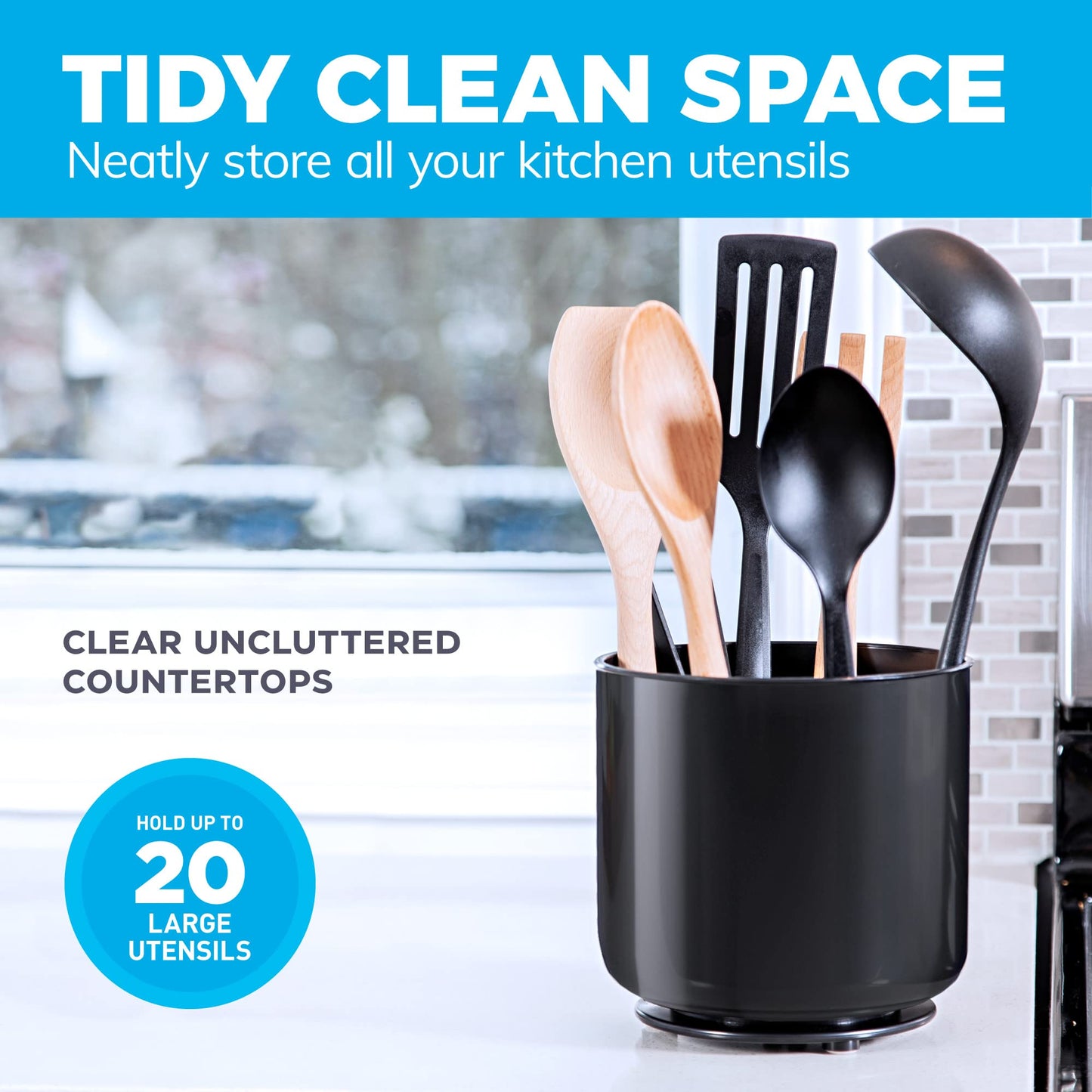 Extra Large and Sturdy Rotating Black Utensil Holder Caddy with No-Tip Weighted Base, and Gripped Insert | Rust Proof and Dishwasher Safe Kitchen Utensils Holder and Cutlery Holder Plastic