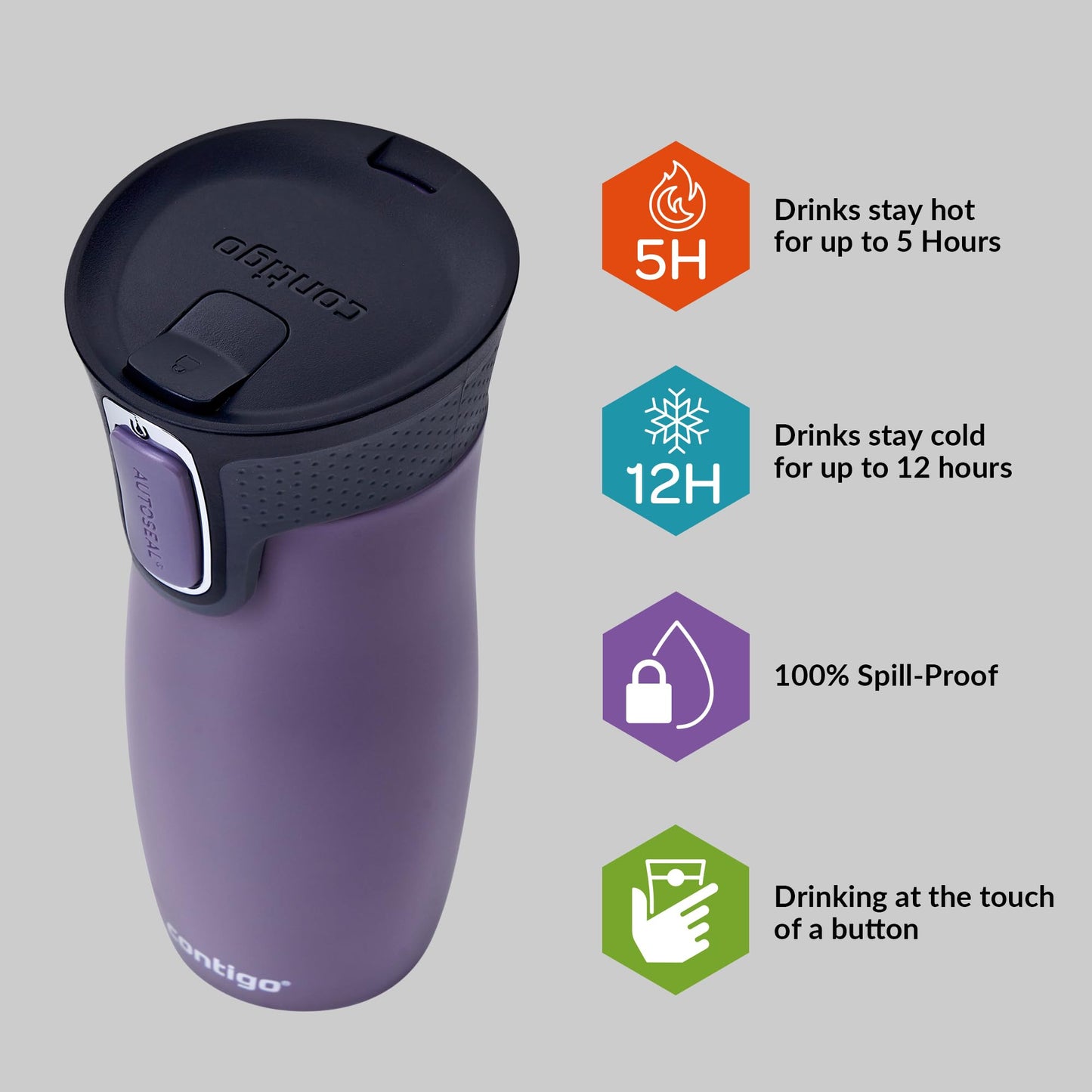 Contigo West Loop Autoseal Travel Mug, Stainless Steel Thermal Mug, Vacuum Flask, Leakproof Tumbler, Coffee Mug with BPA-free Easy-Clean Lid Dark Blum