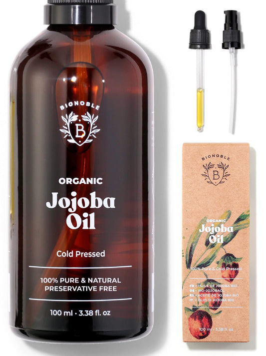 Bionoble Organic Jojoba Oil 100ml - 100% Pure, Natural and Cold Pressed - Face, Body, Hair, Beard, Nails - Vegan and Cruelty Free - Glass Bottle + Pipette + Pump 100 ml (Pack of 1)