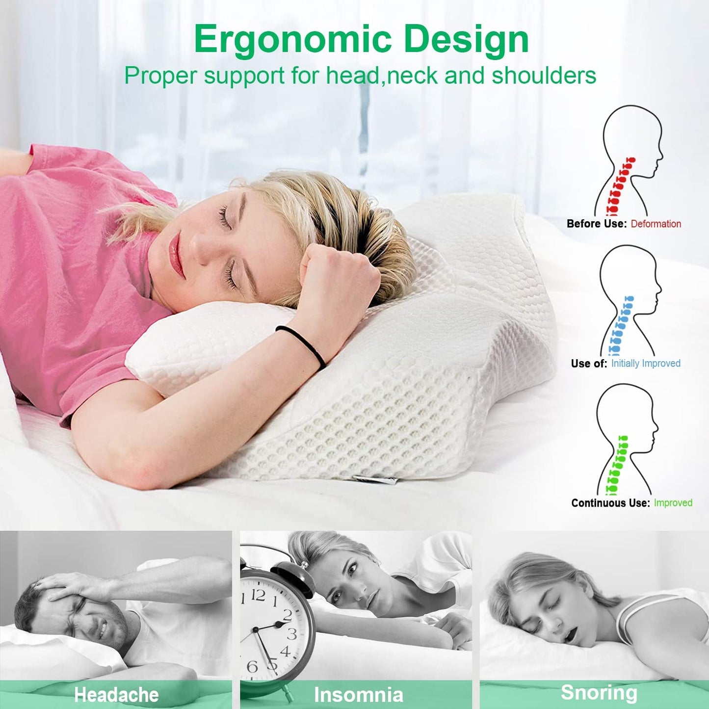 Elviros Cervical Contour Memory Foam Pillow for Neck Pain Orthopedic Neck Pillow for Shoulder Pain Ergonomic Head Neck Support Pillow for Side/Back/Stomach Sleepers with Removable Cover (White) A-white Standard 64 x 38 x (12.5/10.5)cm