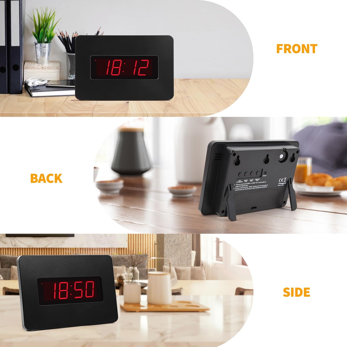 Timegyro Digital Wall Clock Battery Operated with LED Display, Wall Clock with Backlight, Table-top, Alarm, Brightness Adjustable,12/24Hr Black