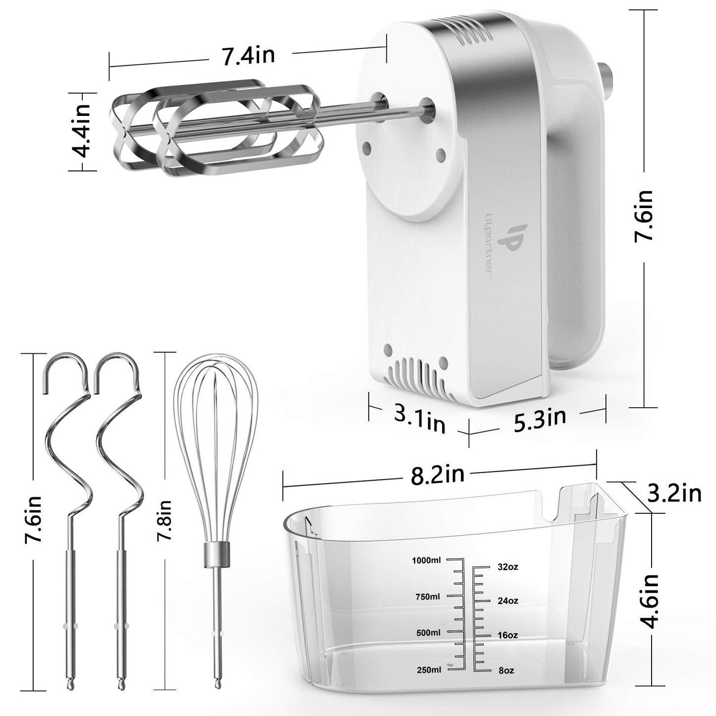 Hand Mixer Electric, 450W Kitchen Mixers with Scale Cup Storage Case, Turbo Boost/Self-Control Speed + 5 Speed + Eject Button + 5 Stainless Steel Accessories, For Easy Whipping Dough,Cream Silver