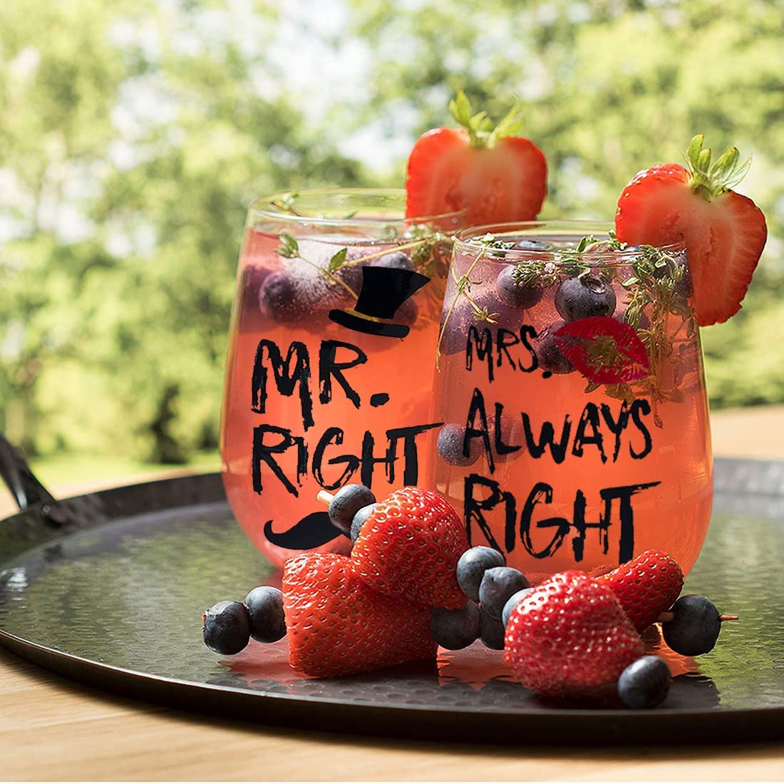 Yalucky Couple Gifts Mr. Right and Mrs. Always Right Stemless Wine Glass Set Engagement Gift Wedding Gift for Couple Golden Wedding Anniversary for Bride and Groom Valentines Gifts for Him and Her Black&red