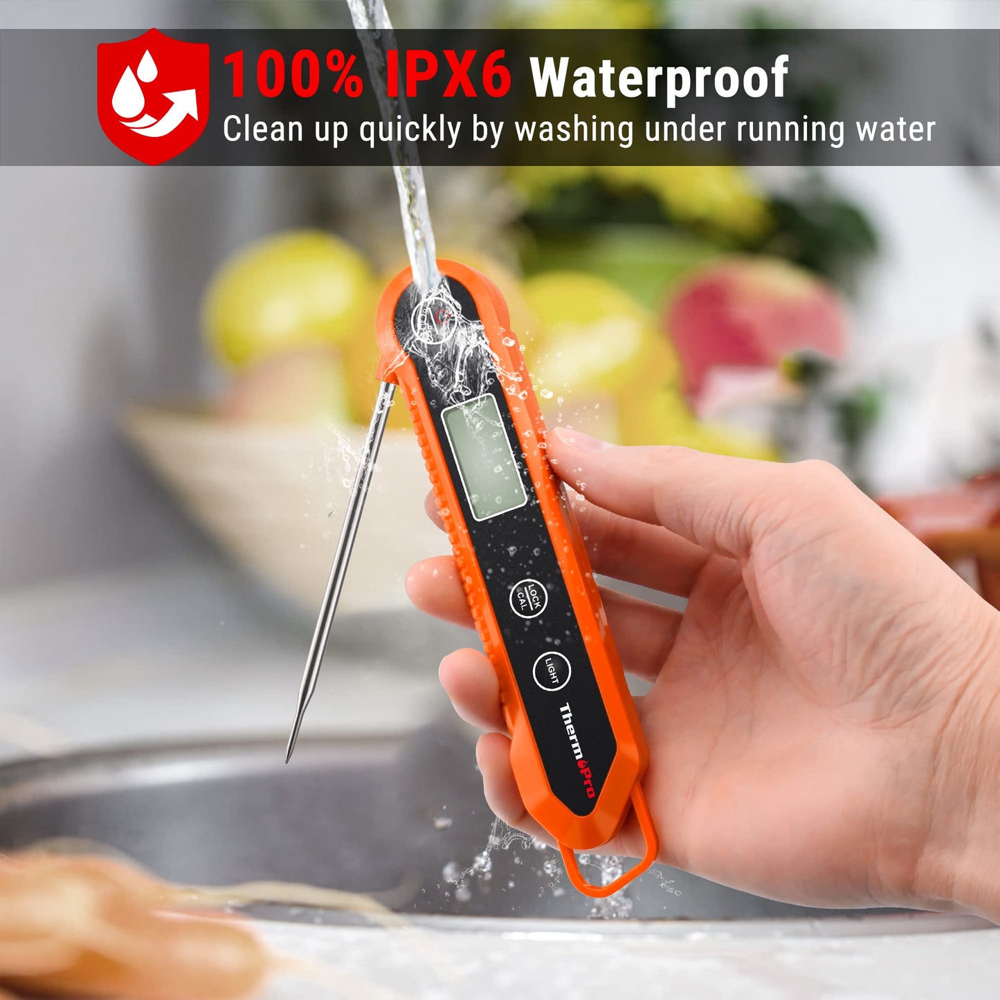 ThermoPro TP03H Meat Thermometers with Foldable Food Temperature Probe, IPX6 Waterproof Food Thermometer with Calibration Lock Function Backlight LCD Screen Cooking Thermometer for Oil Candy Milk Jam Matte Orange