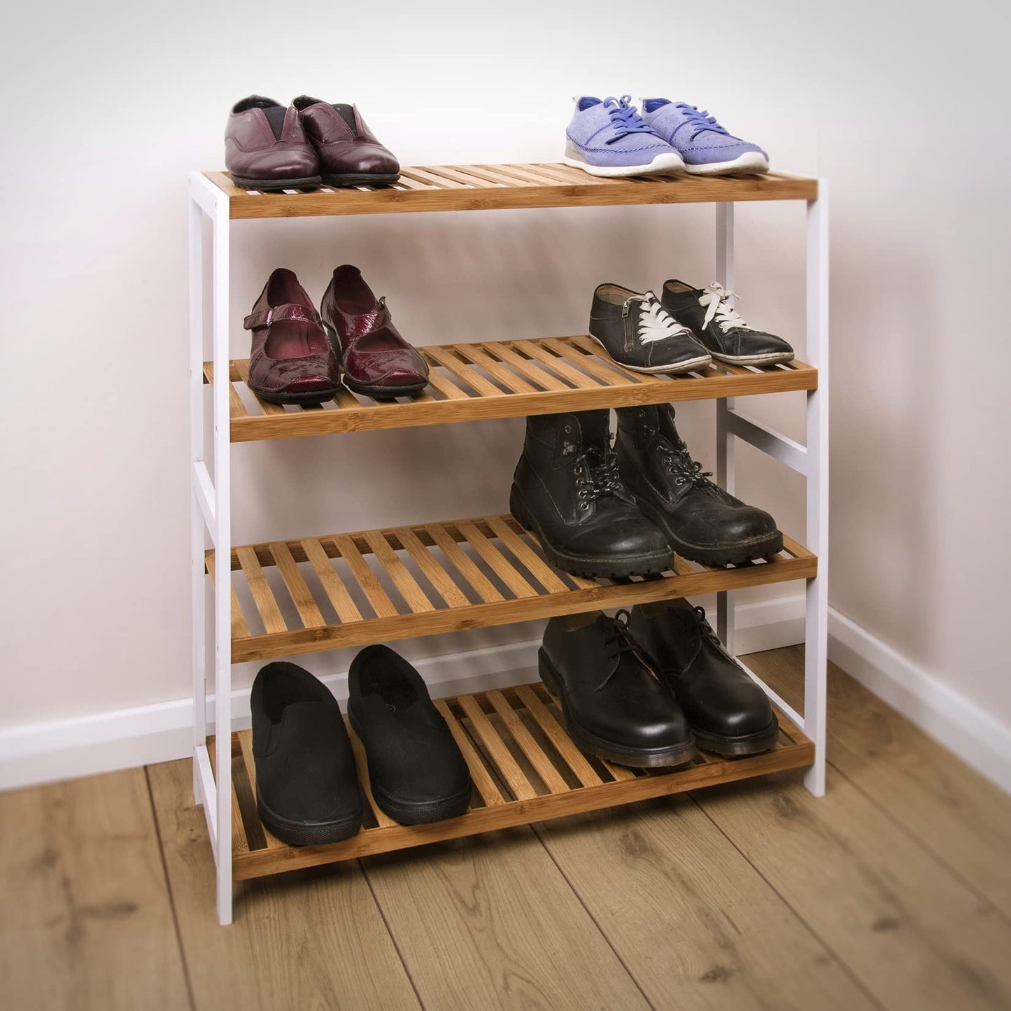 woodluv 4-Tier Shoe Rack, Shoe Storage Organiser, Wooden Storage Rack, Shoe Shelf for Hallway, Living Room, Plants Books, Bedroom,Bathroom - 69D x 26W x 80H cms 4 Tier