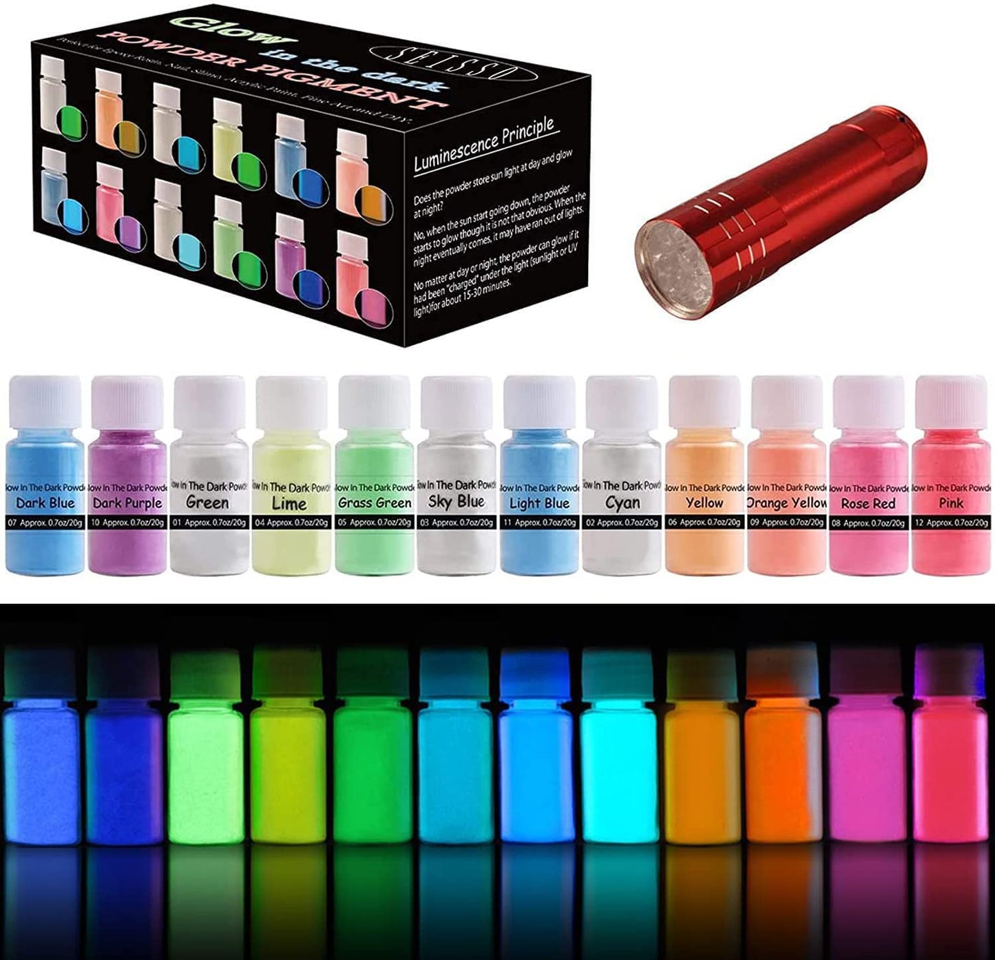 Glow in The Dark Powder 12 Colors Epoxy Resin Dye Luminous Pigment Powder Safe Long Lasting for Fine Art, DIY Nail Art, Epoxy Resin Colorant, Acrylic Paint, DIY Crafts and Theme Party, 0.7oz Each