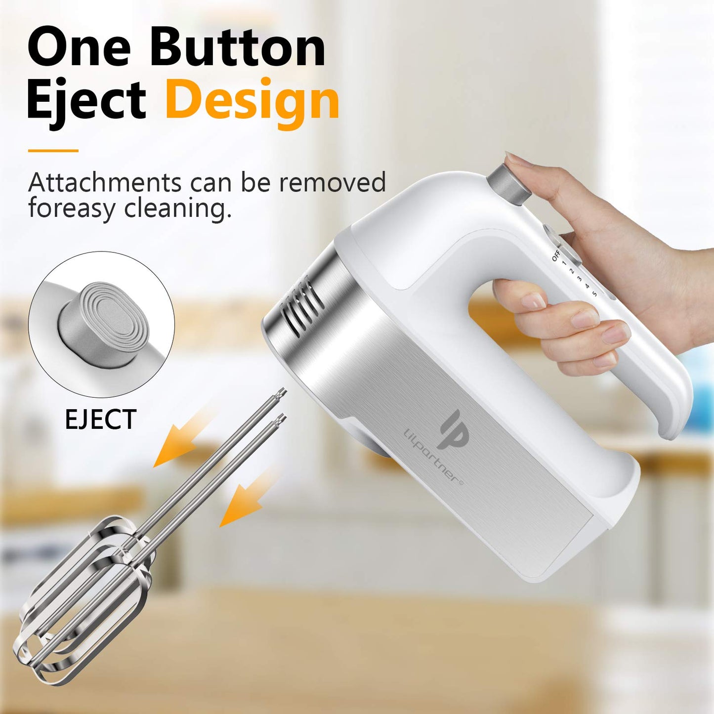 Hand Mixer Electric, 450W Kitchen Mixers with Scale Cup Storage Case, Turbo Boost/Self-Control Speed + 5 Speed + Eject Button + 5 Stainless Steel Accessories, For Easy Whipping Dough,Cream Silver