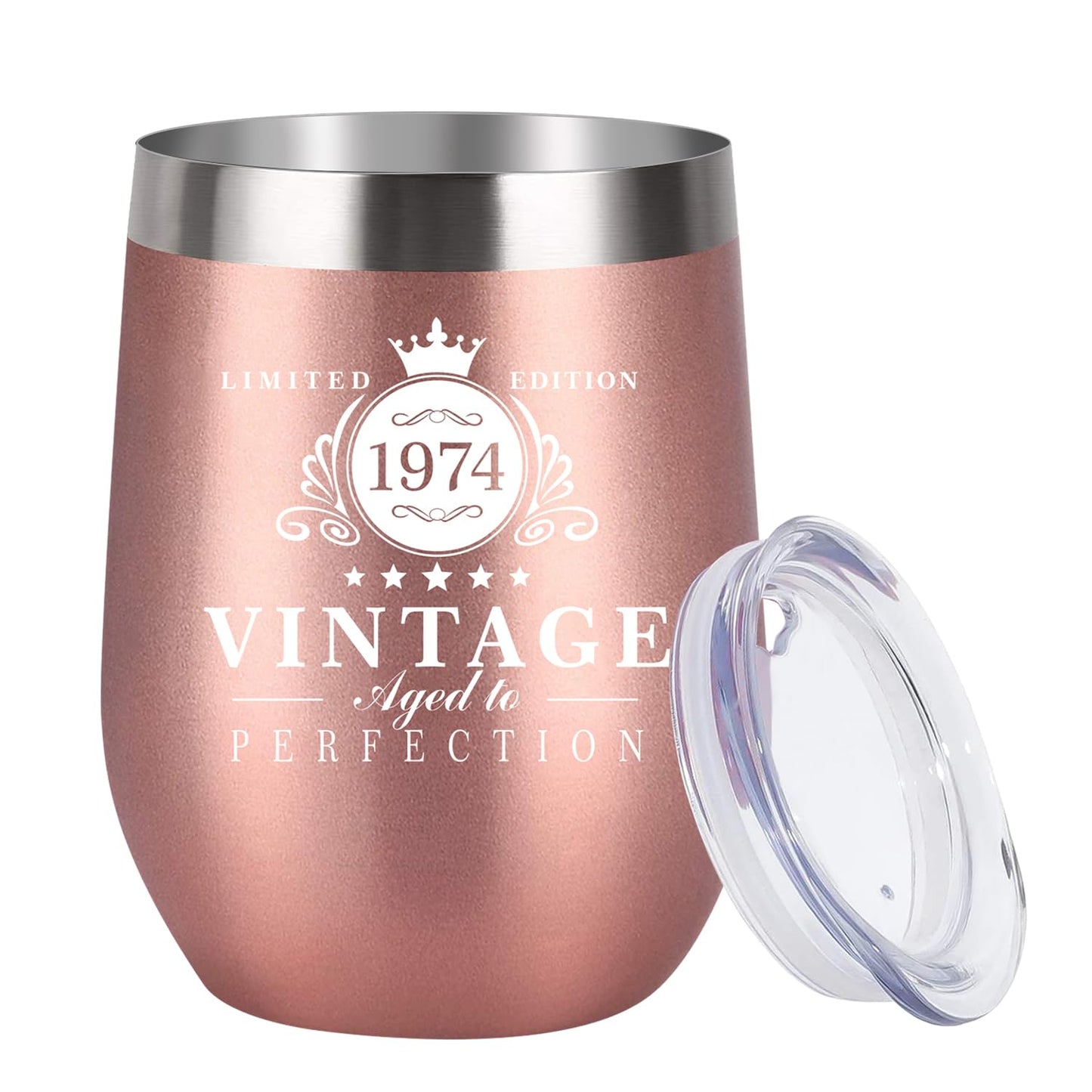 1974-50th Birthday Gifts for Women, 12oz Stainless Steel Wine Tumbler, Reusable Travel Mug Double Wall Vacuum Cup with Lid, Ideas Gifts for Her, Mom, Dad, Wife, Husband, Rose Gold 50th 1974 Vintage - Rose Gold