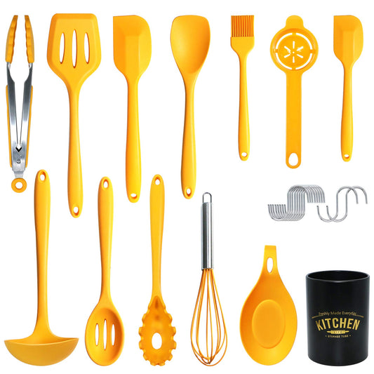 FUKTSYSM Kitchen Utensil Set - 14pcs Silicone Cooking Utensils Set, Silicone Kitchen Utensils, Cooking Tools Turner Tongs Nonstick Spatula Spoon for Nonstick Heat Resistant Cookware Yellow