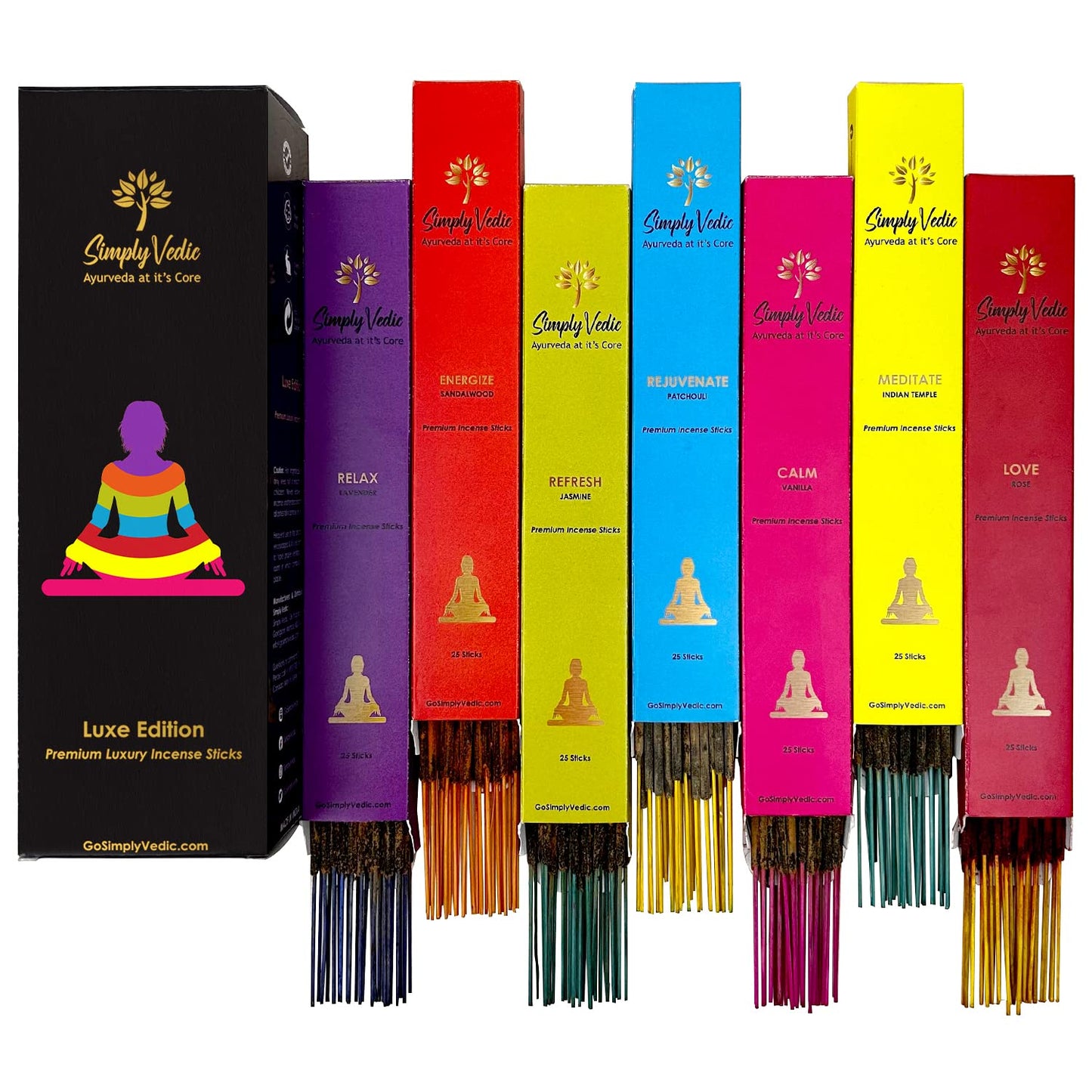 Simply Vedic Premium Luxe Series Incense Sticks | 7 Incenses (140 Sticks) - Lavender, Sandalwood, Jasmine, Patchouli, Rose, Vanilla and Indian Temple | with Incense Holder | Gift Set for Men & Women