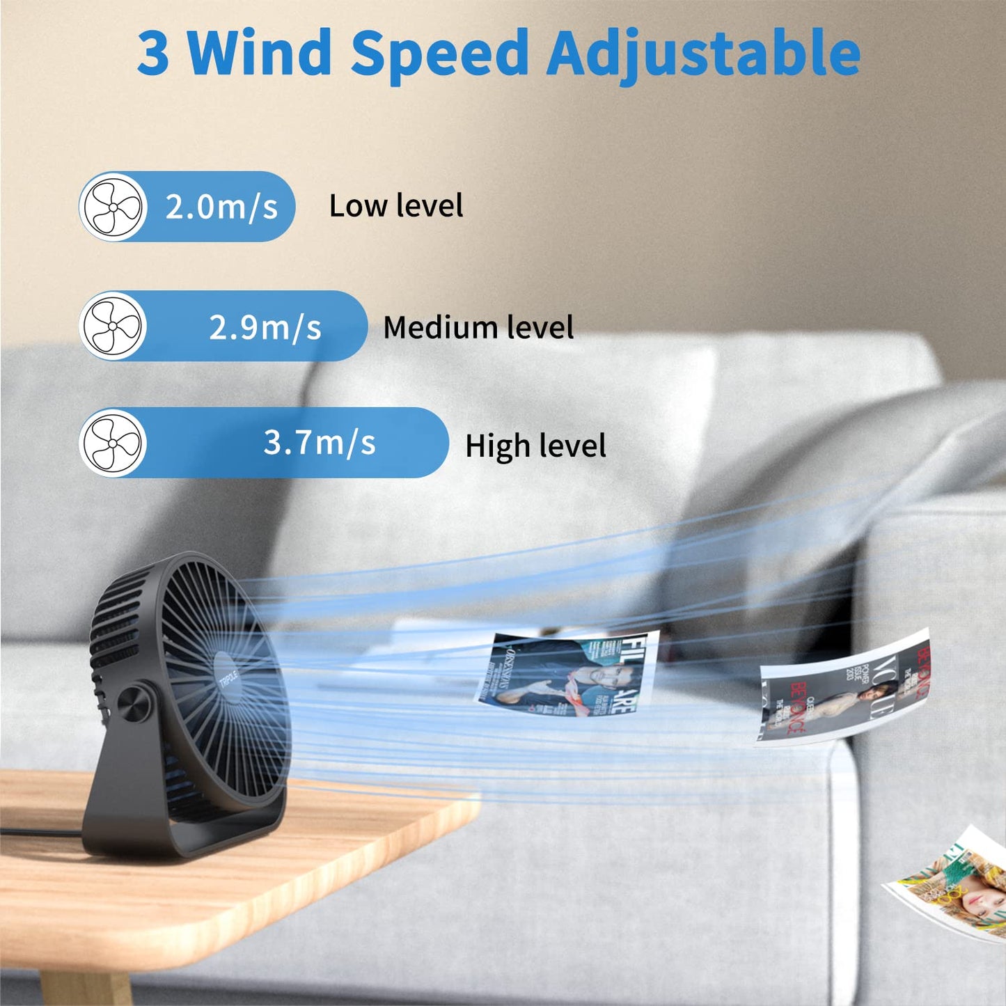 TriPole USB Desk Fan, 3 Speeds Adjustable Strong Wind Table Fan, 360° Rotation Mini Personal Fan, 5.5 Inches Portable Cooling Fan for Desktop Office Home Bedroom Car Outdoor Camping, Black