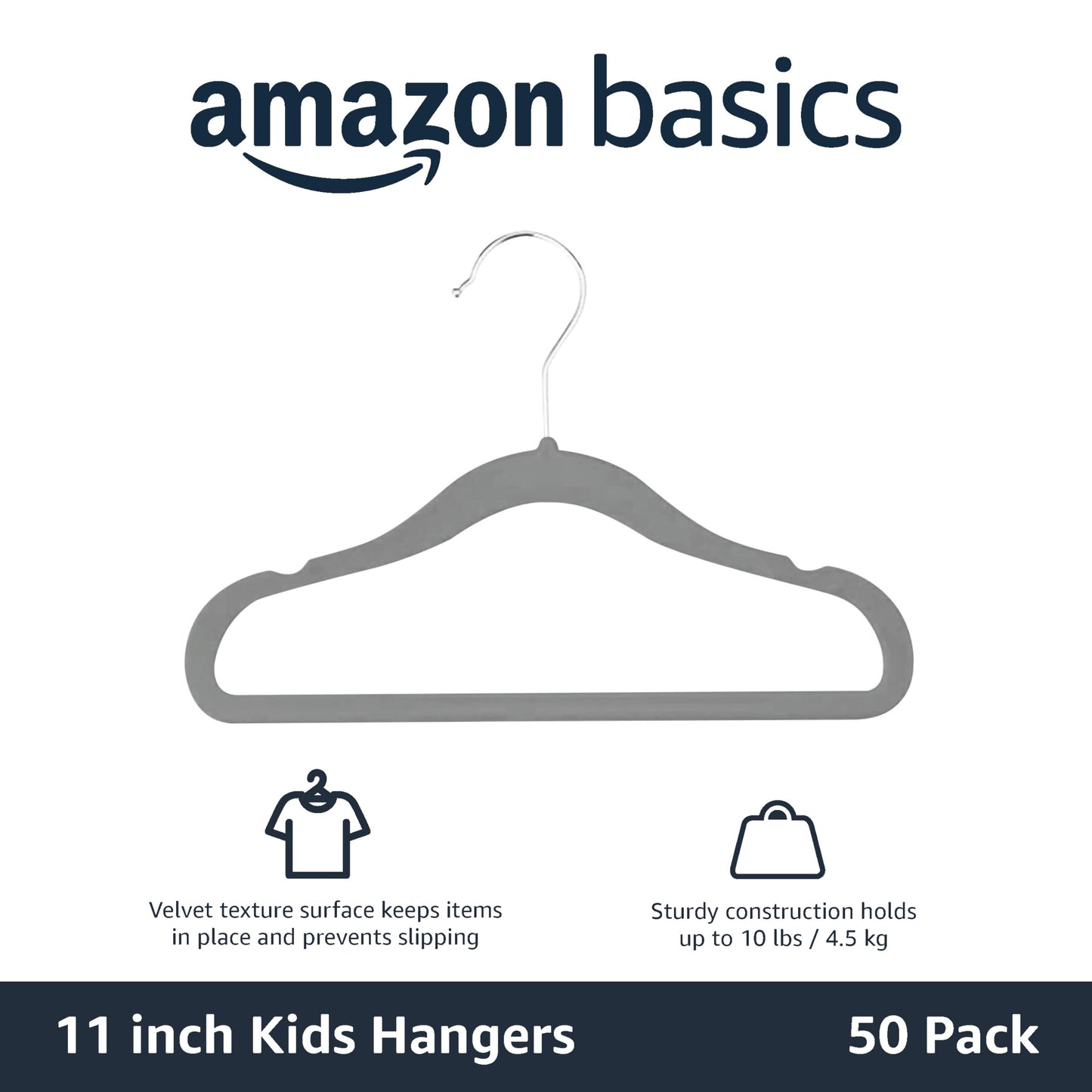 Amazon Basics Children's Velvet Non-Slip Hangers for Baby Toddler and Kids Clothing and Coats - Grey, 50-Pack Pack of 50