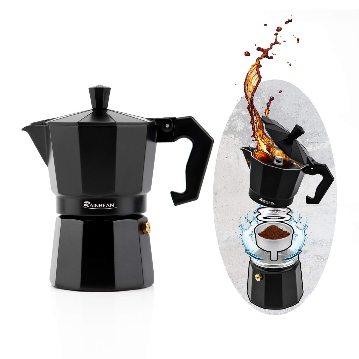 RAINBEAN Moka Pot 6 Cups/300ml, Stovetop Espresso Maker, Aluminium Steam Coffee Percolator Brewing Pot - Includes 2 Ceramic Cups - for Coffee Lovers 6 Cup/300 Ml