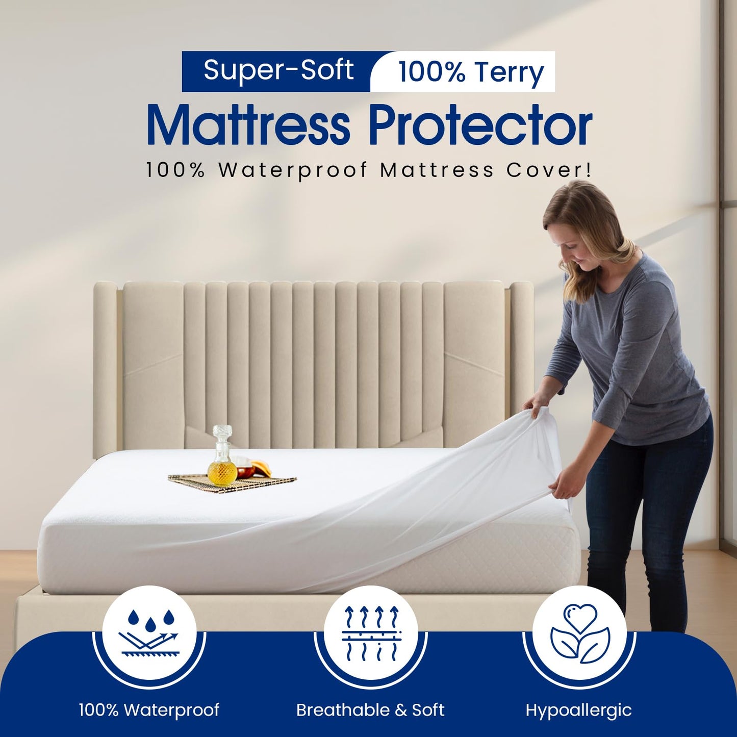 Sunshine Comforts Mattress Protector Double Bed 40cm Cotton, Soft Mattress Covers Double Bed Mattress Protectors Absorbent Double Mattress Protector Waterproof, Non-Noisy Double Mattress Protector Double (137 x193+40)