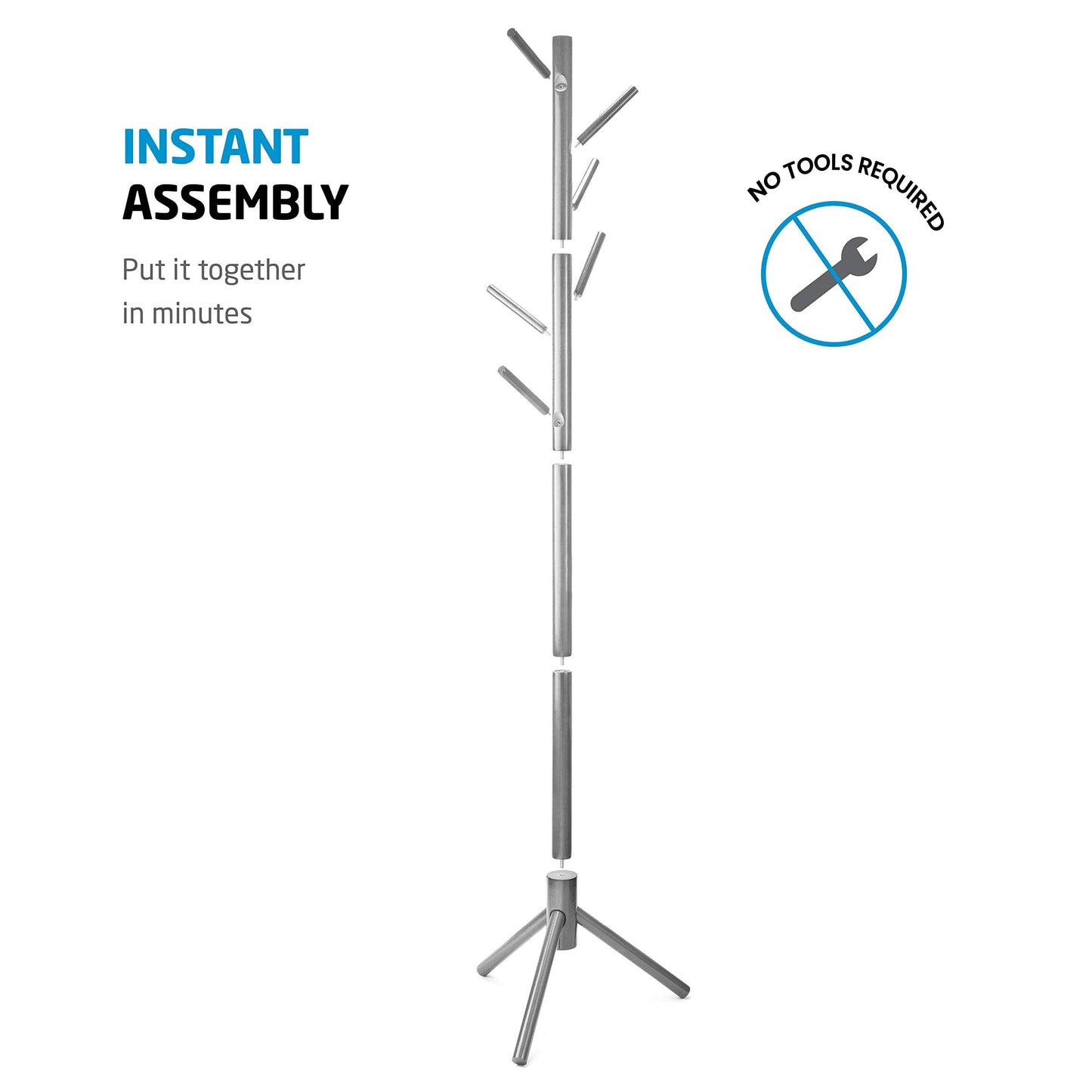 High-Grade Wooden Tree Coat Rack Stand, 6 Hooks - Super Easy Assembly NO Tools Required - 3 Adjustable Sizes Free Standing Coat Stand, Hallway Coat Hanger Hat Stand, for Handbag, Clothes & Accessories Grey